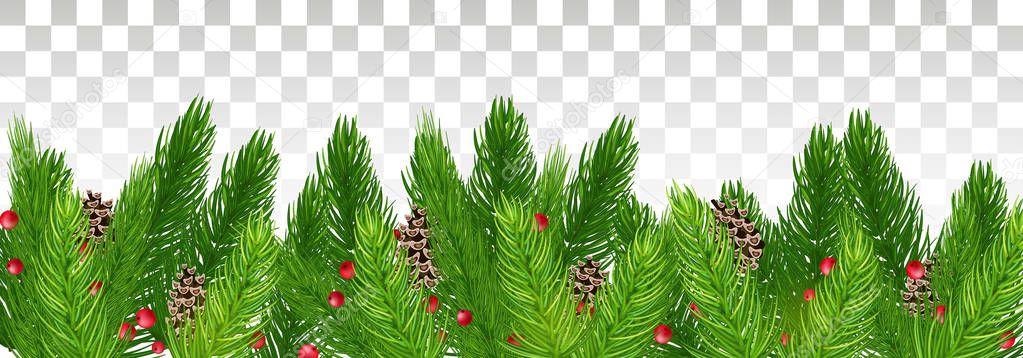 Christmas and New Year banner of realistic branches of Christmas tree, cones, and red berries . Festive background .Vector illustration. Eps 10.