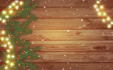 Bir Noel ağacı, kırmızı meyveler ve yanan çelenk dalları ile Noel arka plan. Ahşap kış kar ve şenlikli dekor arka plan. Eski ahşap arka plan.