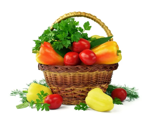 Wicker Basket Vegetables Greens Purchase Sale Natural Vegetables Pepper Tomatoes — Stock Photo, Image