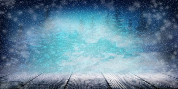 Natt Snöfall Granskogen Snöflingor Virvlar Frostiga Luften Julnatten Frost Christmas — Stockfoto