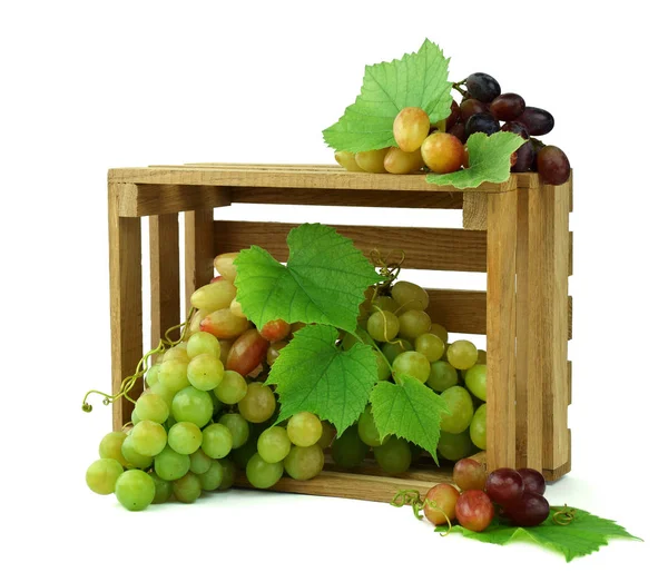 Bouquet Raisins Avec Feuilles Vrilles Dans Une Boîte Bois Isolé — Photo