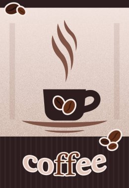 Kahve çerçeve kahve dükkanı poster veya Cafe menü kapak şablonu için içki ve içecek. fincan espresso, kapuçino ve sütlü kahve, bir fincan sıcak çikolata, bakla, şeker ve buhar girdap. Vektör. Eps10