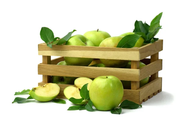 Manzanas Caja Madera Sobre Fondo Blanco Aislado Cosecha Frutas Maduras — Foto de Stock