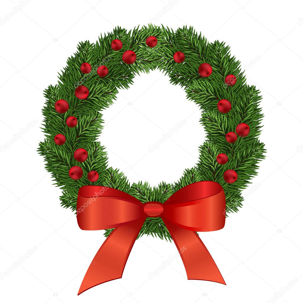 Christmas wreath. Beautiful evergreen wreath of Xmas tree branches with red berries and bow. Merry Christmas and Happy New Year greetings. Home decoration . winter celebration.