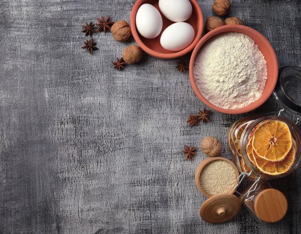 Homemade pastries from natural ingredients. Products and spices for baking. Flat -lay. Top view.