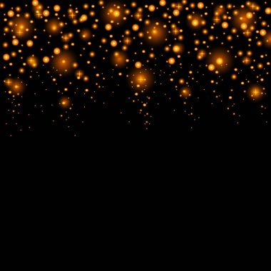 Altın Starfall. Işıklar, glitter, toz ve yıldız düşme. Altın plaser. Siyah arka plan üzerine izole. Dekor için.