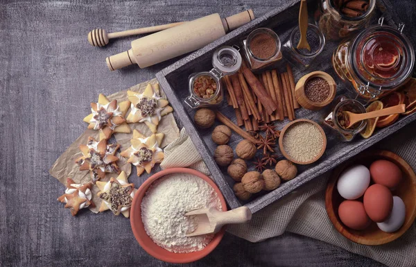 Homemade pastries from natural ingredients. Products and spices for baking. Flat -lay. Top view.