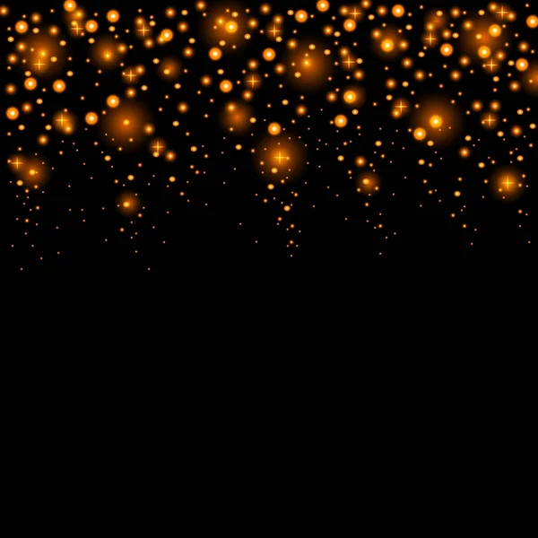 Altın Starfall. Işıklar, glitter, toz ve yıldız düşme. Altın plaser. Siyah arka plan üzerine izole. Dekor için.