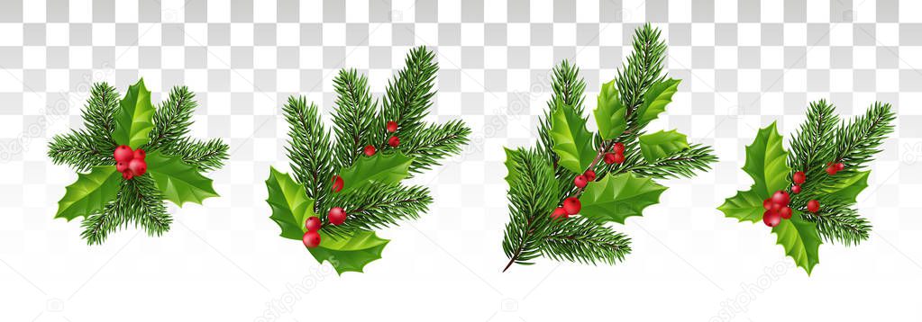 Christmas festive composition with pine branches, holly and red berries.. Holiday image for design banner, ticket, invitation or card, leaflet . Vector. Eps10.