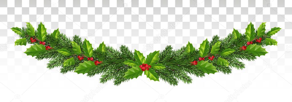 template background of holly leaf wreath and New Year fir tree decoration.  ornament for New Year winter holiday. garland with branches of spruce and holly. Long winter christmas frame.Vector. Eps10.