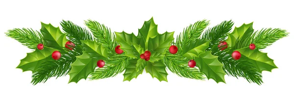 スプルース グリーン枝果実白い背景に飾られています 新年のクリスマス装飾 お祭りのテーマです グリーティング カード 赤い果実は 白で隔離とクリスマス ガーランドの国境 — ストック写真