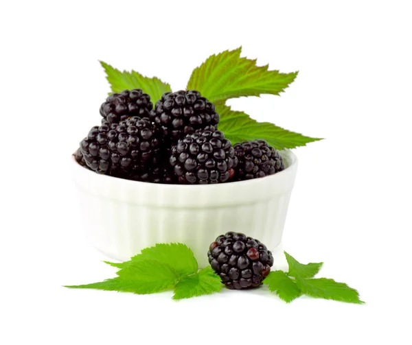 Verse Blackberry Met Groene Bladeren Geïsoleerd Een Witte Achtergrond Close — Stockfoto