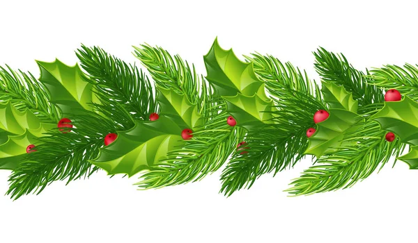 Winter Festive Decor Seamless Garland Christmas Tree Branches Holly Red — Stock Photo, Image