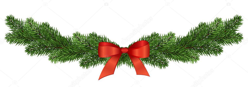 Wide garland of pine branches with a red bow. Isolated without s