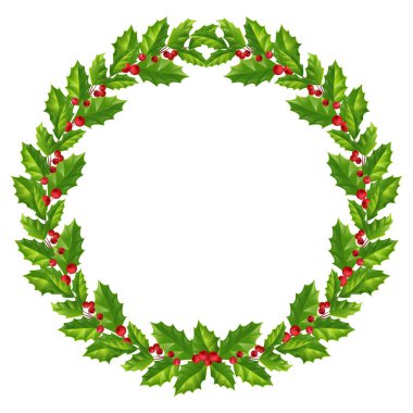 Noel ve yeni yıl kompozisyon. çam dalları, kırmızı meyveler ve holly beyaz arka plan üzerinde çelenk.