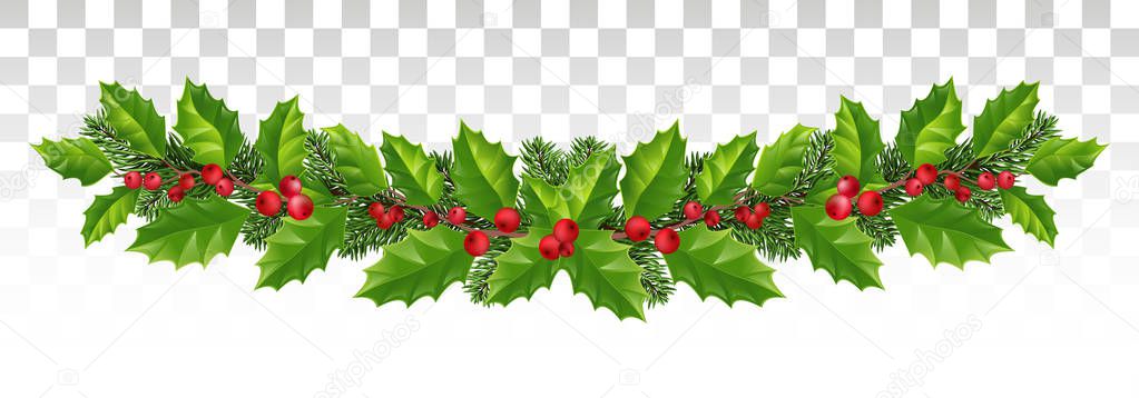 template background of holly leaf wreath and New Year fir tree decoration.  ornament for New Year winter holiday. garland with branches of spruce and holly. Long winter christmas frame.Vector. Eps10.