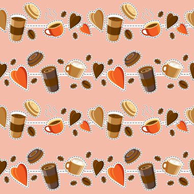 Kahve arka plan. Seamless modeli. Sıcak kahve. İçecekler ve kahve çekirdekleri. Kavram - ben kahve severim