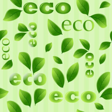 Ekoloji yeşil afiş. Eko doğal organik ürün satışı ve rozetleri. Organik etiketle satılması, afiş doğal çevre illüstrasyon. Açık yeşil renkli parlak sorunsuz Eko desen. Metin ve yeşil yaprakları. EPS 10