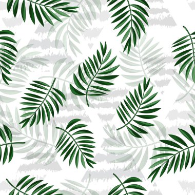 Tropikal yaprak ve açık renkli üçgenler. Tropikal palmiye yaprakları, orman sorunsuz vektör çiçek desenli bırakır. Dekorasyon için tropikal yaprakları ile modern illüstrasyon. Vektör. Eps10.