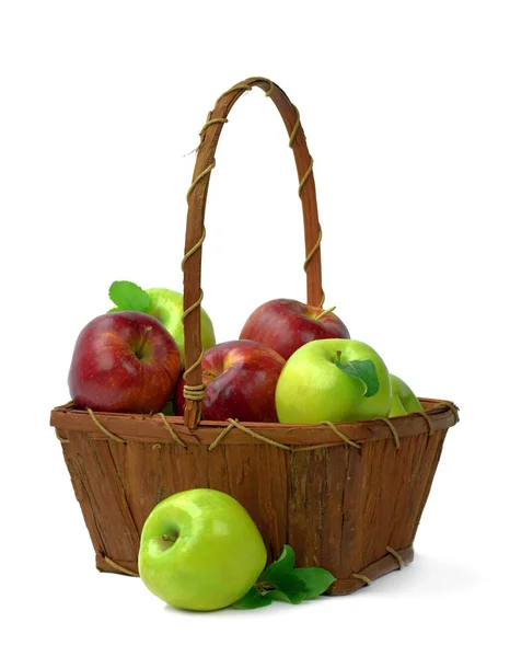 Organic Ripe Apples Basket Isolated White Background Fragrant Fruits Wooden — Stock Photo, Image