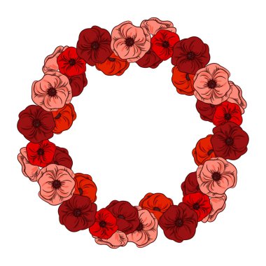 Haşhaş büyük bir çelenk. Güzel parlak haşhaş. Beyaz izole. Çerçeve kenarlığı süsleme başarısına çiçek çelenk. Düğün tasarım, parti dekor için şablon. Romantik çiçek el çekilmiş.