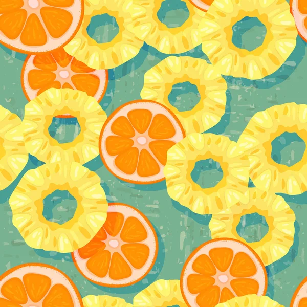 Ananas- und Orangenscheiben auf altem Hintergrund mit Spuren von — Stockvektor