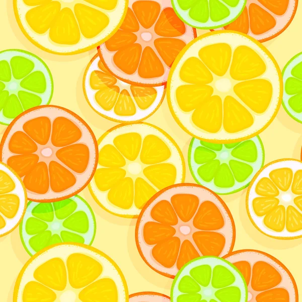 Bright appetizing seamless tropical background. Oranges, lemons, — Stock Vector