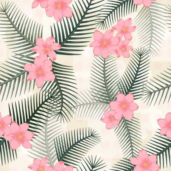Motivo floreale con ibisco e foglie di palma. illustratio esotico — Vettoriale Stock