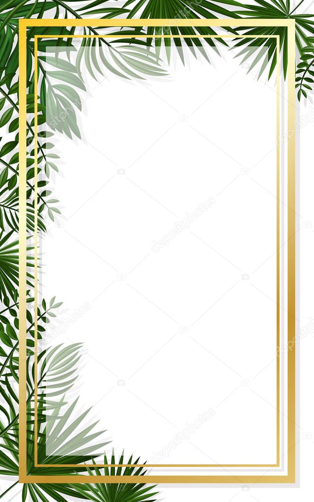 Vertical golden frames on the background of tropical greenery.Su