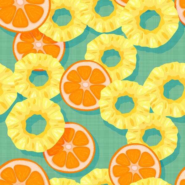 Pineapple and orange slices on an old striped background. Juicy — Stock Vector