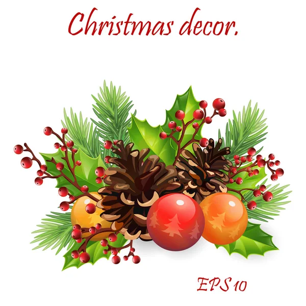 Karácsonyi dekoráció / csokor fenyőtobozzal és vörös bogyókkal. Növényi — Stock Vector