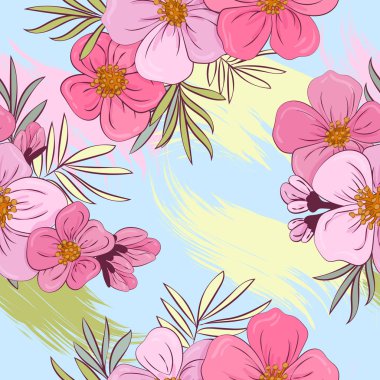 Mavi bir arka plan üzerinde yaprakları ile pembe tropikal çiçekler. Sorun -suz