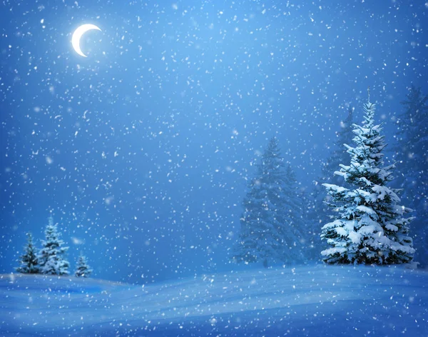 Ciel Nocturne Avec Lune Étoiles Blizzard Chute Neige Noël Forêt — Photo
