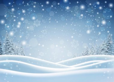 Tasarım ve tebrik kartları için Noel arkaplanı. Ormanda kış gecesi. Ay ışığında karla kaplı Noel ağaçları. Noel arkaplanı. Kar fırtınası. Kar yığınları. Yıldızlı karanlık gece gökyüzü.