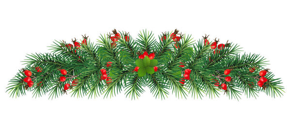 X-mas border. Christmas tree garland with cones and red berries.  realistic fir tree branches and cones isolated . Christmas branch .