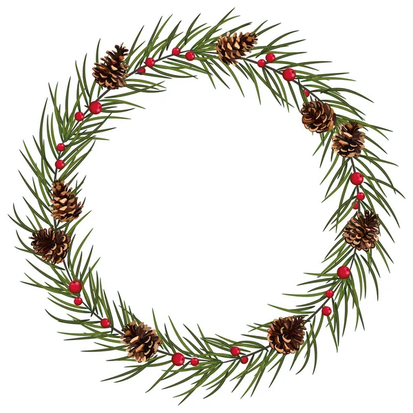 冬休みベクトル要素 ツリークリスマスブランチ お祝いの伝統的な装飾 コーンと赤い果実を持つ松の枝のリース ガーランド Eps10 — ストックベクタ