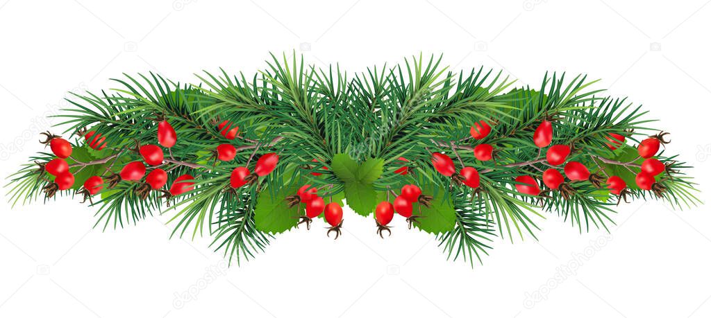holiday background with fir tree branches, ornament . balls and ribbons. Isolated Christmas tree garland, border. Great for banners, flyers, party posters.