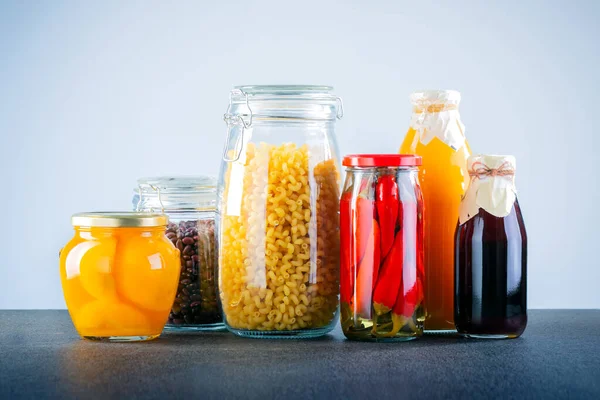Glass Jars Different Types Groat Pasta Vegetable Juice Different Donation — Stock Photo, Image