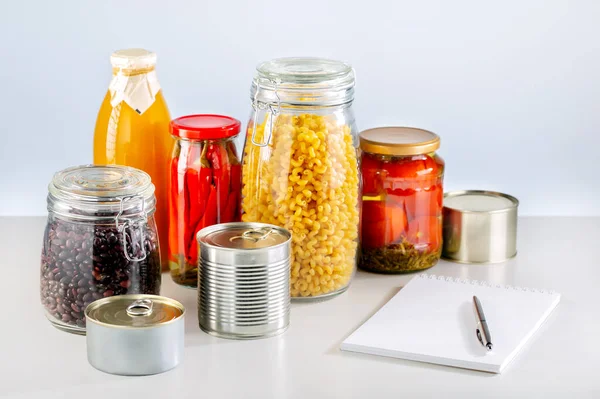Different Glass Jars Grains Pickled Vedetables Pasta Cans Canned Food — Stock Photo, Image