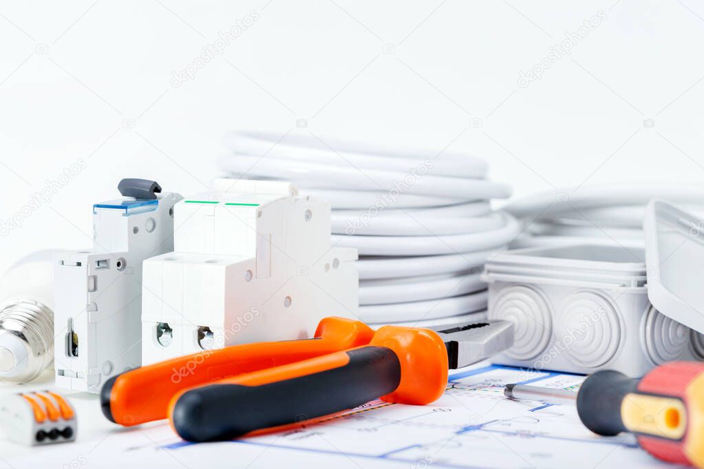 Electrical equipment and tool on electrical scheme. Electricity concept.