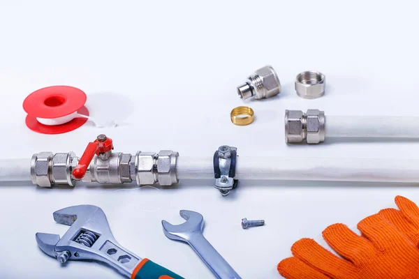 Plumbing services, tools and accessories on white background. Repair leak of water.