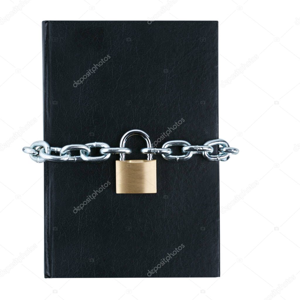 black book with chain and lock on white background, isolated.