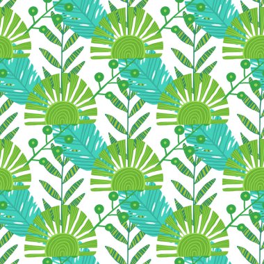 Doğa seamless modeli. El çekilmiş soyut tropikal yaz arka plan palm, monstera siluet, hat sanatı, grunge, karalama dokular bırakır. Doğal yeşil renklerde tropic illüstrasyon vektör