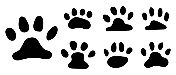 Pets paw footprint. Cat paws prints, kitten foots or dog foot print. Pet rescue logo puppy footprint marks animal shape wildlife mark dirty isolated vector symbol collection for your design — Stock Vector