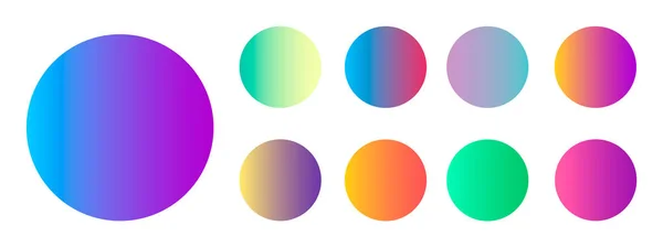 Botón de esfera de gradiente holográfico redondeado. Multicolor verde púrpura amarillo naranja rosa cian fluido círculo gradientes, botones redondos suaves coloridos o esferas de color vivos conjunto de vectores planos para su diseño . — Archivo Imágenes Vectoriales