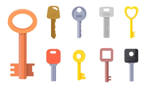 Flat illustrations of different type of keys collection for house door, lock access, automobile, home, apartment, money case, personal box. For your design. — Stock Vector