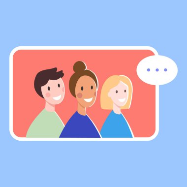 Küresel insanların çevrimiçi iletişim, konferans, iş veya arkadaşlık çağrısı konsept arka plan, düz çizgi film tarzı vektör illüstrasyonu