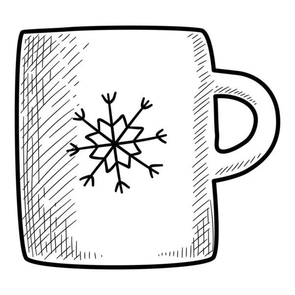 Navidad vacaciones té copo de nieve taza icono, dibujado a mano y el estilo del esquema — Vector de stock