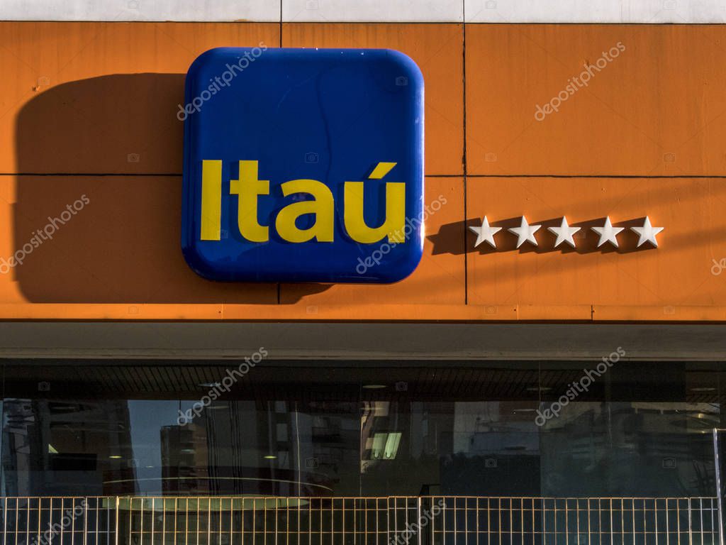 Sao Paulo, Brazil, June 12, 2018. Detail of the facade with the logo of an agency of Itau Bank, in the south zone of Sao Paulo