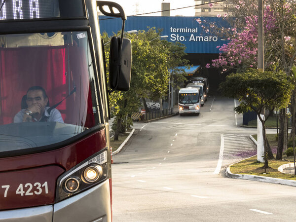 Sao Paulo, Brazil, July 02, 2018. Buses travel at the exit of the Santo Amaro Terminal, south of Sao Paulo